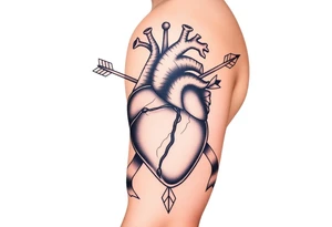 anatomical heart pierced by ornate arrow with flowing ribbons tattoo idea