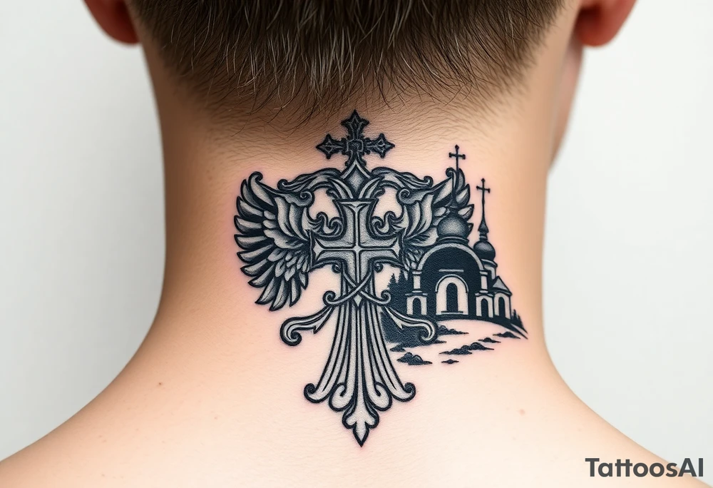 russian coat arms in a russian christian orthodox cross with the cross in the middle with a virgin mary & orthodox dome church on the side of the neck in a wilderness setting tattoo idea