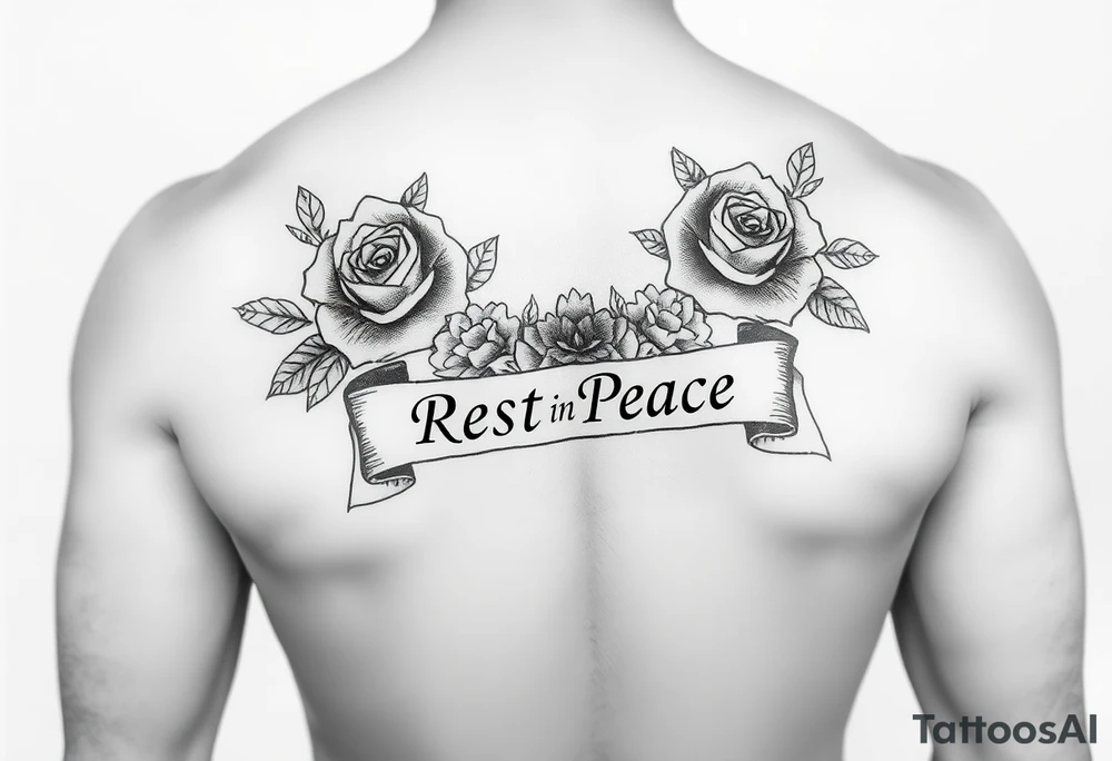 Hip hop religious rest in peace with roses and a banner for a name arm tattoo tattoo idea