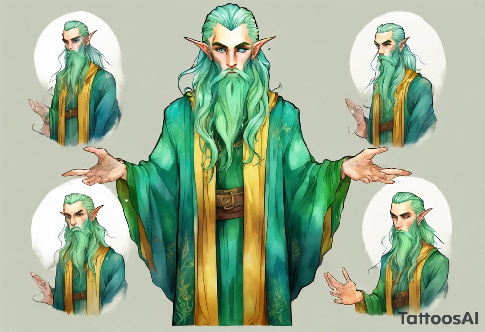 A tall, slender, beautiful elf male with green skin, He is tall and slender, with pale green skin, long rainbow hair, and a gold and green beard. Amber colored eyes. Wearing a teal monastic robe. tattoo idea