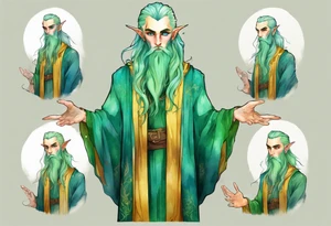 A tall, slender, beautiful elf male with green skin, He is tall and slender, with pale green skin, long rainbow hair, and a gold and green beard. Amber colored eyes. Wearing a teal monastic robe. tattoo idea