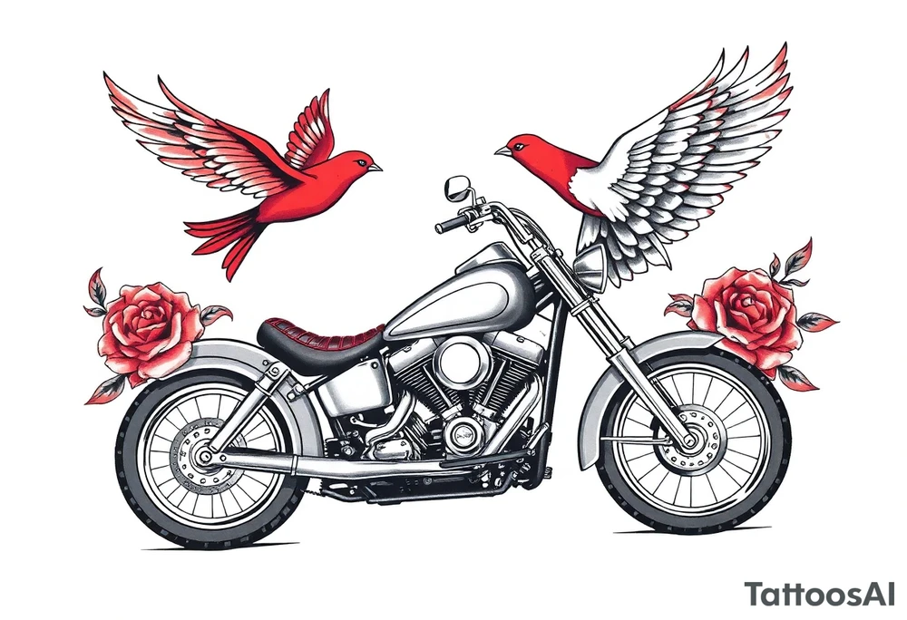 Harley grey motorcycle driving away, two red birds flying, roses, flames, angel wings tattoo idea