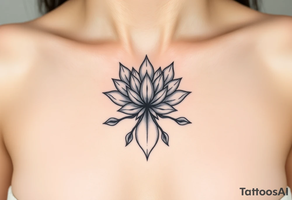 Symmetrical Lotus unalome with stems and leaves underboob tattoo idea