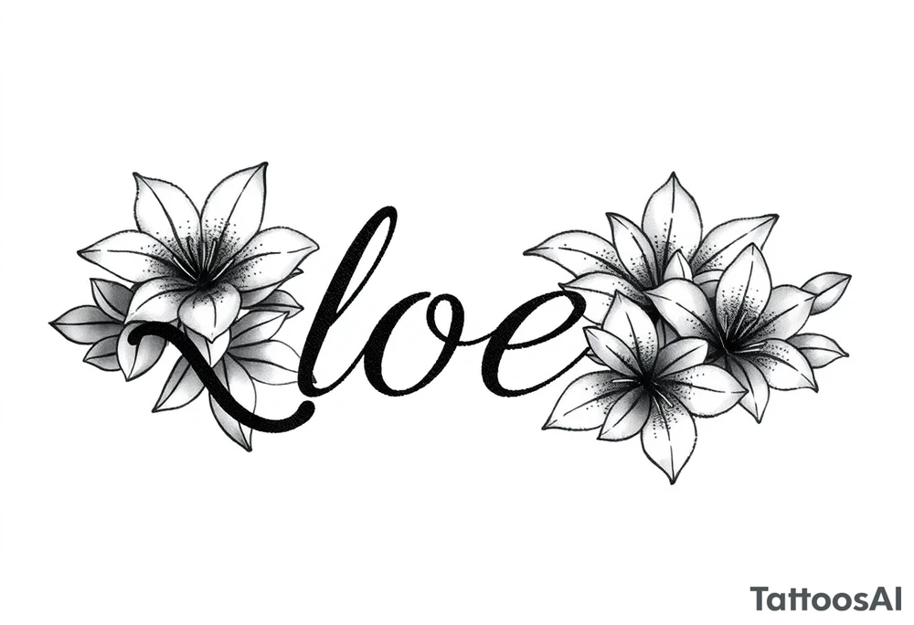 The word Kloee surrounded by lily flowers tattoo idea
