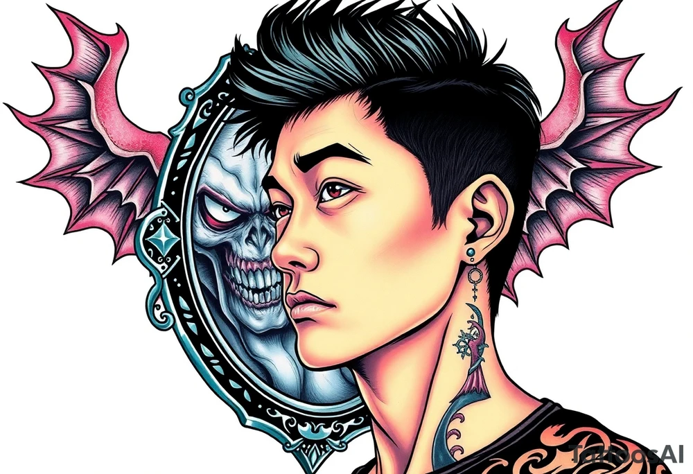 Handsome Asian young guy is looking in cursed mirror and see the evil tattoo idea