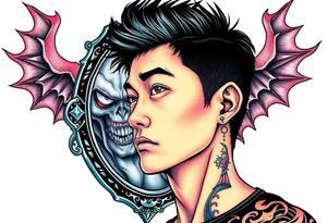 Handsome Asian young guy is looking in cursed mirror and see the evil tattoo idea