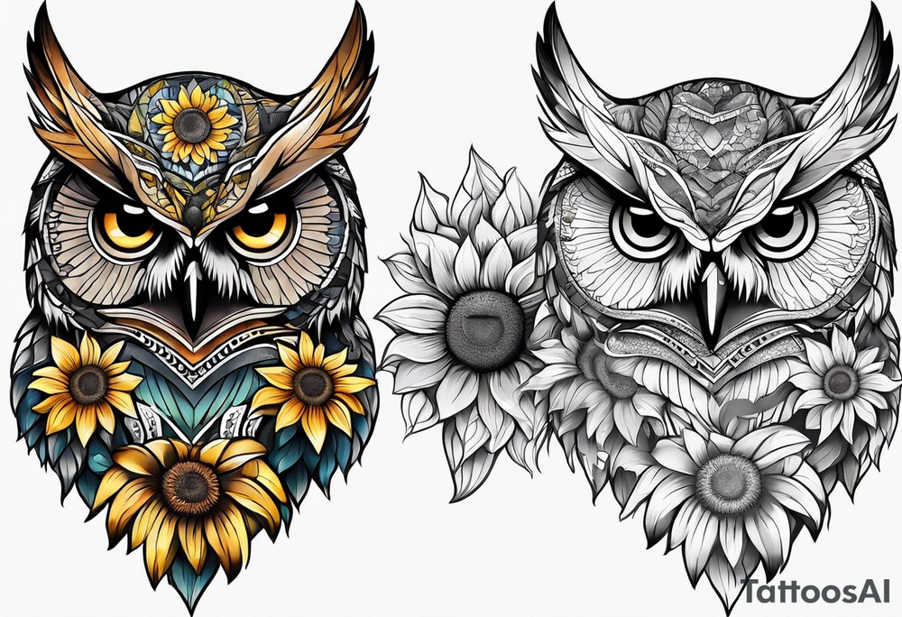 Owl and sunflower sleeve tattoo idea