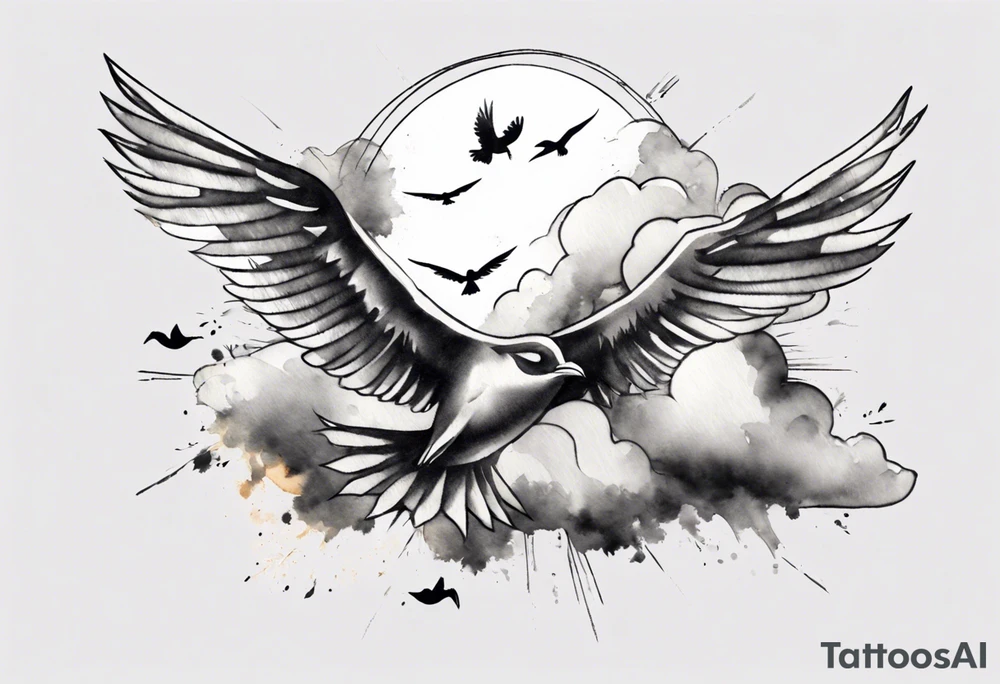 a shoulder tattoo with lots of rays of light in gradient starting from the middle
, clouds and birds flying free tattoo idea