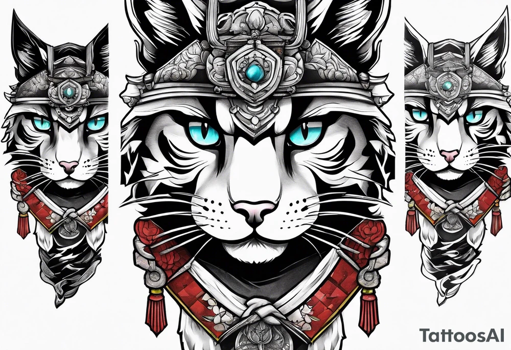 Calf tattoo of a samurai cat tattoo idea