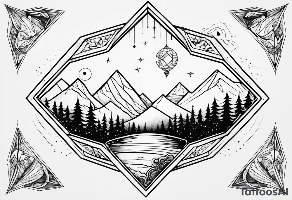 thick line art of space and nature in diamond shape and negative space tattoo idea