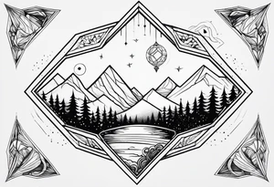 thick line art of space and nature in diamond shape and negative space tattoo idea