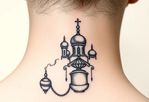 russian orthodox thurible chains with incense burning outside a russian orthodox domes church tattoo idea