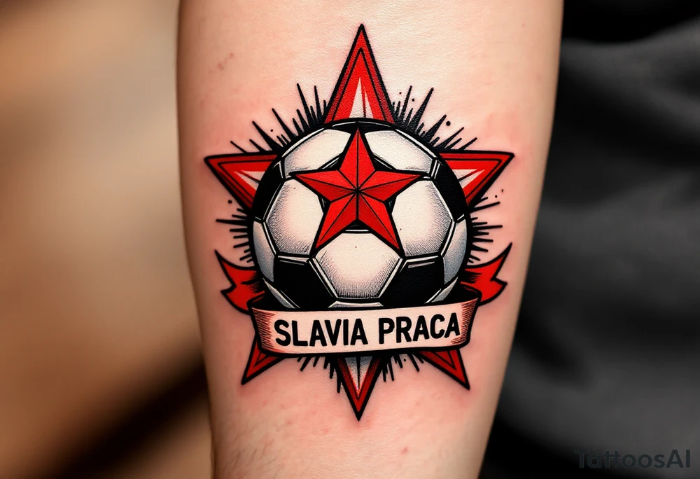 A bold black and red soccer ball wrapped in the iconic Slavia PRAHA star and banner. tattoo idea