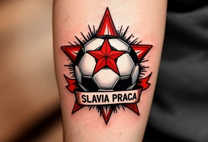 A bold black and red soccer ball wrapped in the iconic Slavia PRAHA star and banner. tattoo idea