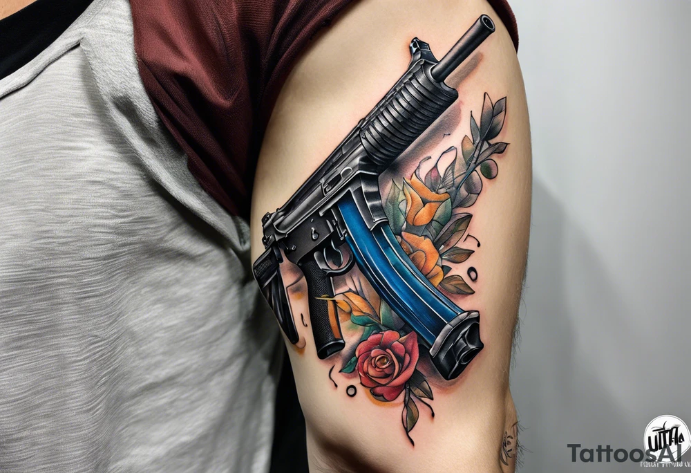 A forearm tattoo that includes an M4 Carbine rifle, a Beretta M9 pistol tattoo idea