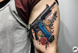 A forearm tattoo that includes an M4 Carbine rifle, a Beretta M9 pistol tattoo idea