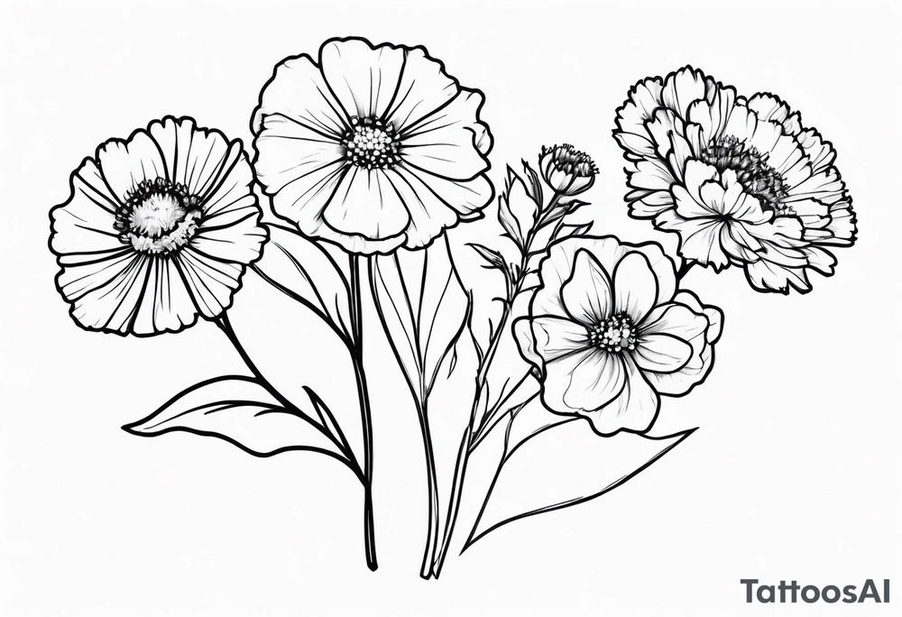 bouquet of forget me not , carnation , and aster flowers with a stem tattoo idea