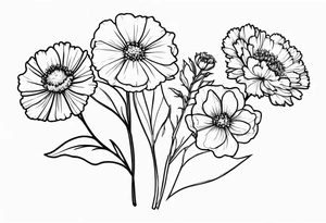 bouquet of forget me not , carnation , and aster flowers with a stem tattoo idea