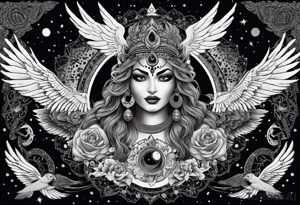 black kali, goddess pirate, alien, angel, pachamama, valkrye, warrior, flying, skull, lotus azul, wing, eagle, zenza resonance, stars, 5D, anahata chakra, death, durga, riding on a tiger, flying lady, kundalini, chest tatoo, samuri, rebel, serpent tattoo idea
