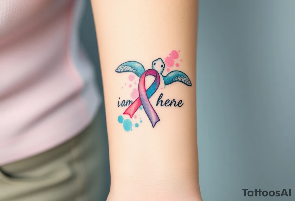 I am here pink ribbon sea turtle theme tattoo idea
