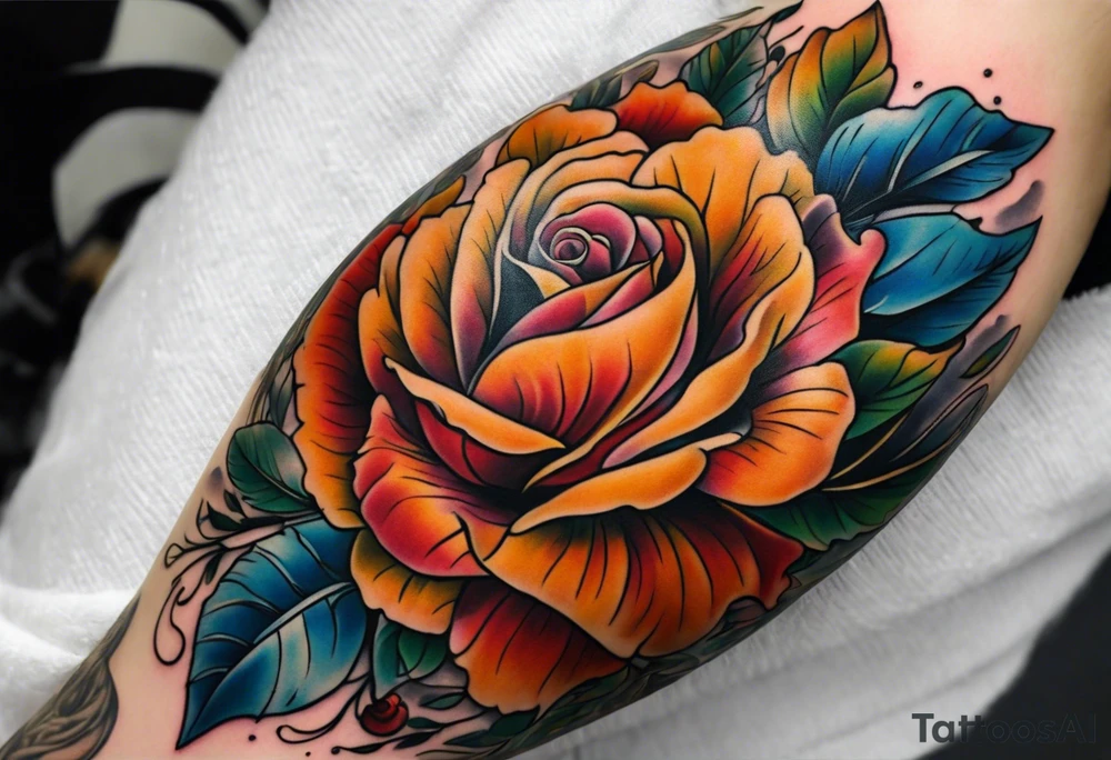 Front knee tattoo with fall colors, small flowers, rose, leaves, blue water flows with washes and background tattoo idea