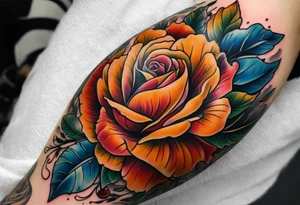 Front knee tattoo with fall colors, small flowers, rose, leaves, blue water flows with washes and background tattoo idea