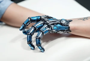 A blue and silver exoskeletal structure integrated with the hand’s contours, mimicking robotic dexterity. tattoo idea
