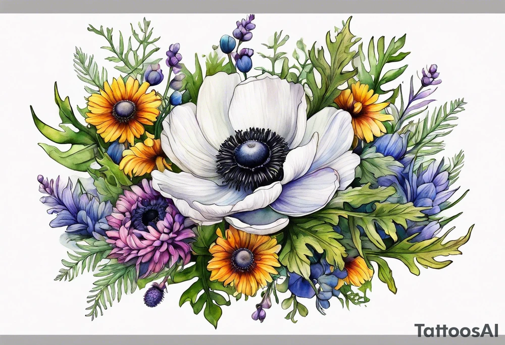 a white anemone with black center with cascading mixed colorful wildflowers all with different shapes including thistles, ferns, ranuculus, and sun flowers all in watercolor tattoo idea