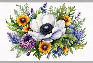 a white anemone with black center with cascading mixed colorful wildflowers all with different shapes including thistles, ferns, ranuculus, and sun flowers all in watercolor tattoo idea