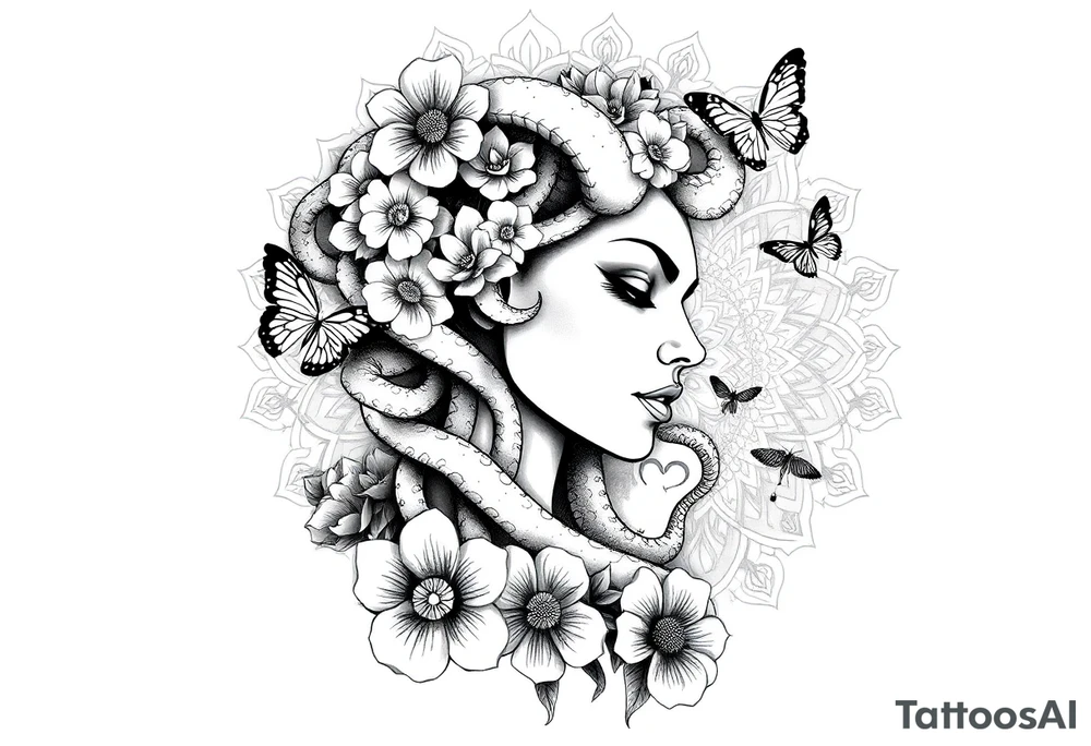 Side portrait of Medusa with flowers, butterflies 
and mandala background tattoo idea