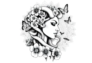 Side portrait of Medusa with flowers, butterflies 
and mandala background tattoo idea
