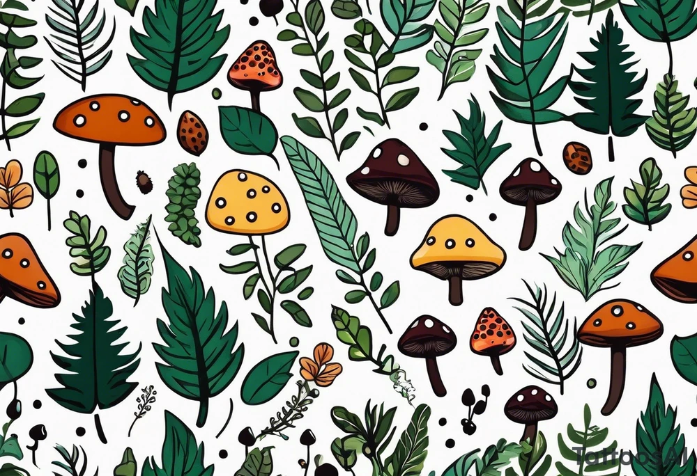 minimalistic forest floor inspired tattoo, which includes grass, moss, curly ferns and dead leaves as the bulk of the tattoo. details to include: forest berries, couple of very small brown mushrooms, a tiny bumblebee flying nearby tattoo idea