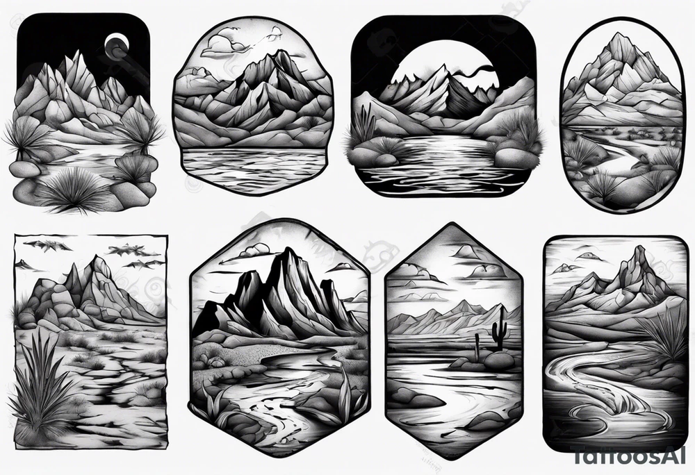 Desert river with dramatic mountains behind tattoo idea