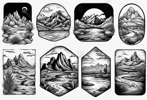 Desert river with dramatic mountains behind tattoo idea