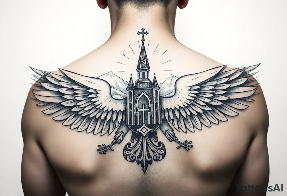 an actual russian coat of arms with the eagles wings spanning out on my back neck across my shoulders / traps with a orthodox christian church being visible in a mountainous sun beaming setting, with the russian orthodox cross spire of the orthodox church being visible on my neck with a sun beaming in the background that the cross sits inside tattoo idea