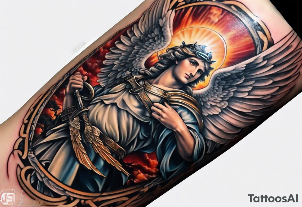 forearm sleeve of michael the archangel tattoo idea