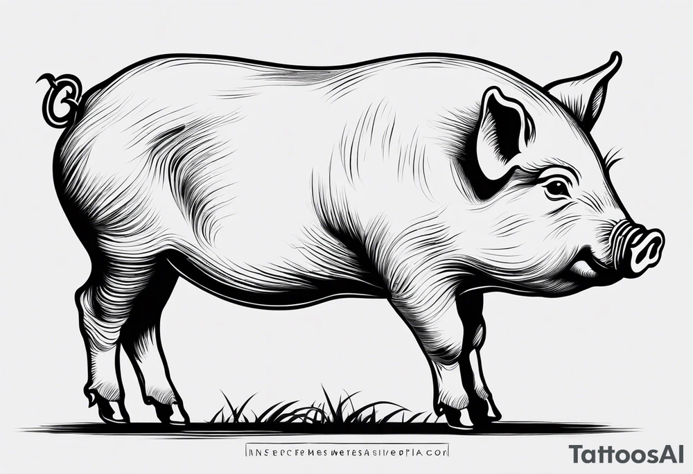 minimalist tattoo of a cute pig or piglet that contains text: "friends. not food" 

only very thin lines. no shading. black and white only tattoo idea