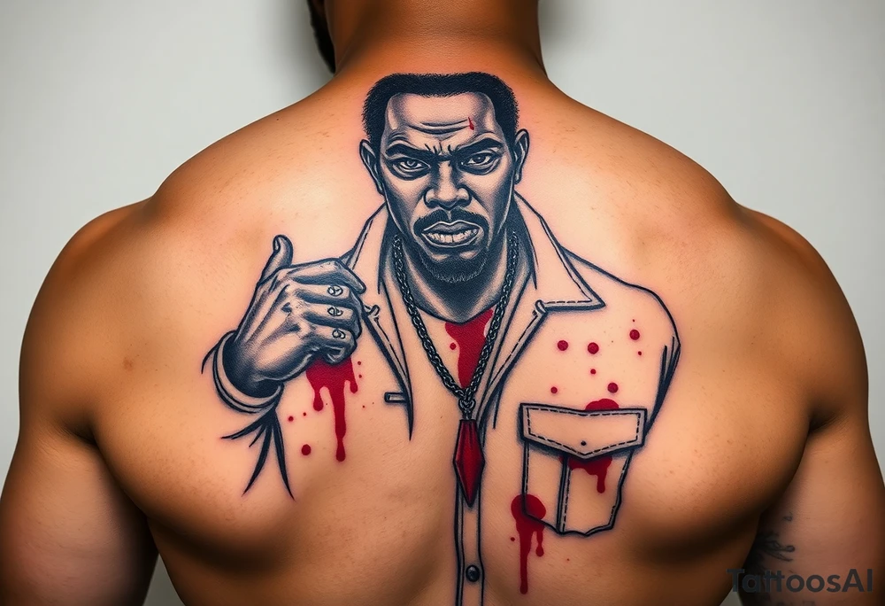 African American gangsta character with blood splatter on clothes tattoo idea