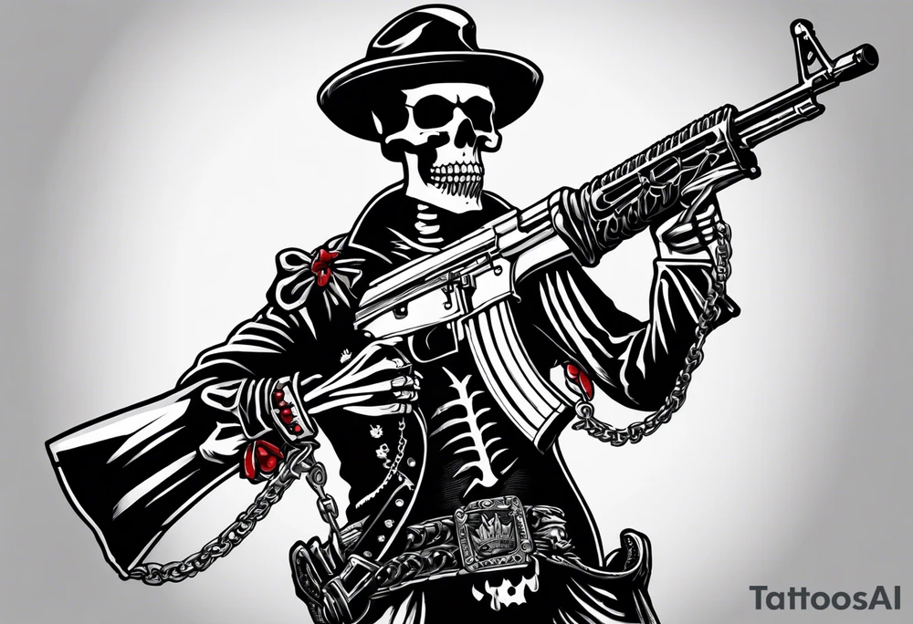 image of a skeleton standing frontally with a crown on his head, holding an AK-47 on his shoulder with his right hand. The chain on the left should be taut, there are three angry barking Dobermans in it, near the waist tattoo idea