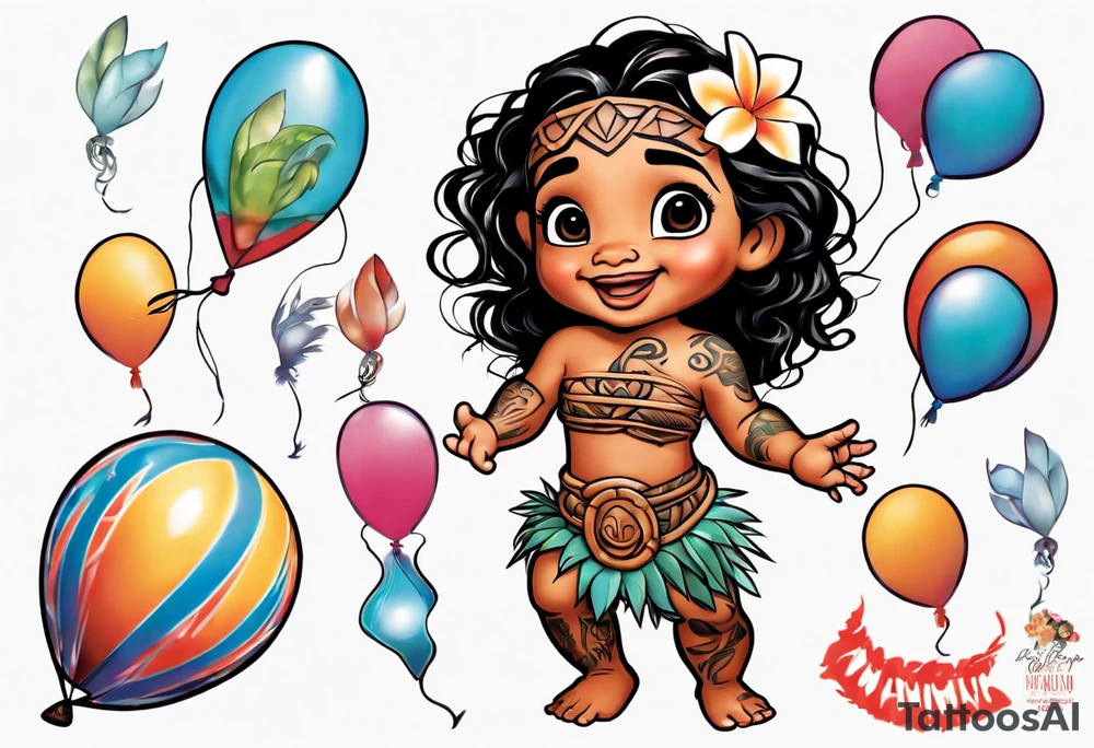 baby moana reaching for balloons tattoo idea