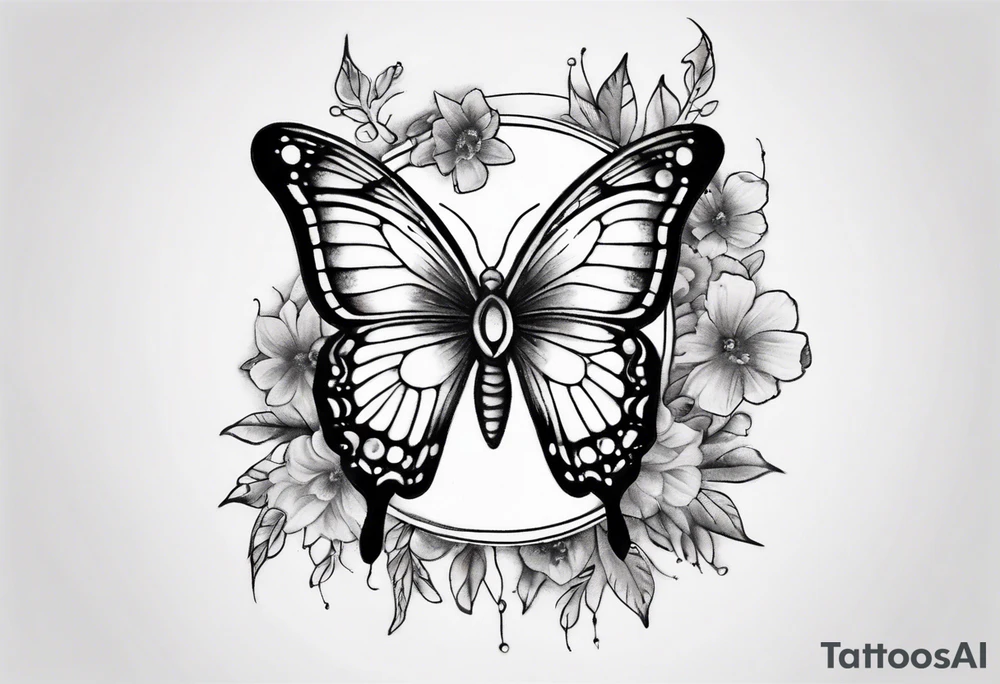 Butterfly wrap tattoos with large centre piece with moon and floral theme. Bracelet around ankle show on higher ankle tattoo idea