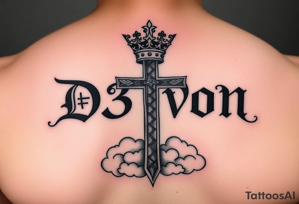 Name D3von with a cross behind it and clouds on the bottom of the cross and a crown on top of cross tattoo idea