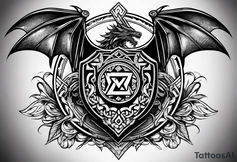 Valhalla sword shield dragon axe Valknut tattoo idea