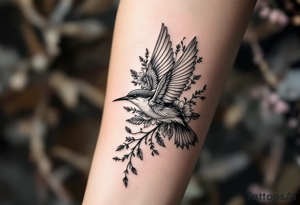 Diving bird with floral tattoo idea