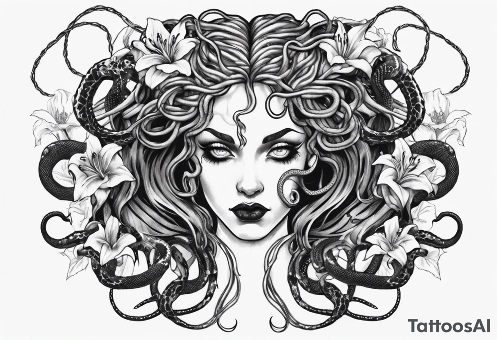 Dark/goth Medusa with white pupils and snake hair. Lilies tattoo idea