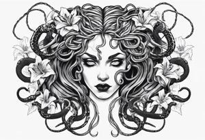 Dark/goth Medusa with white pupils and snake hair. Lilies tattoo idea