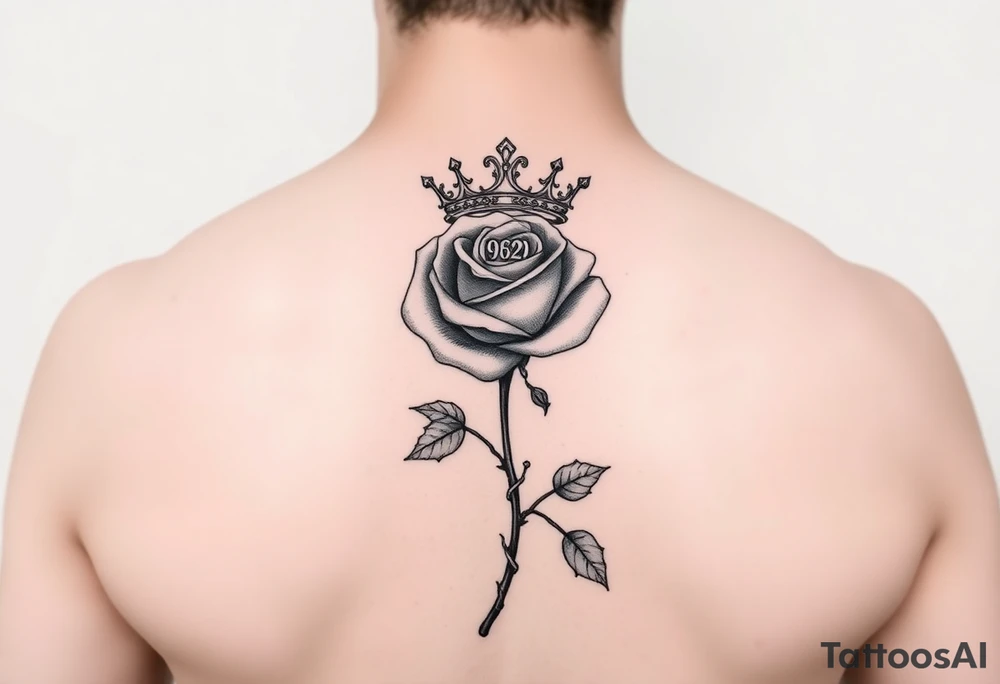 Single rose with 1982 as the stem crown around or on top of rose with vines and thorns on top of arm tattoo idea