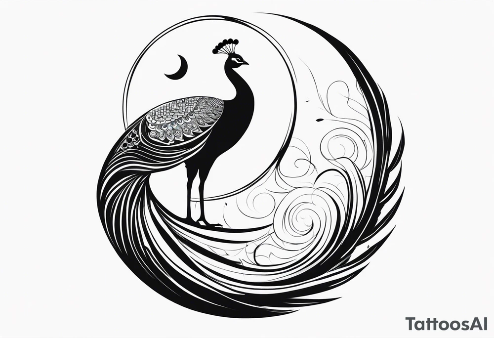 black and white peacock with infinity symbol in feather and moon above tattoo idea