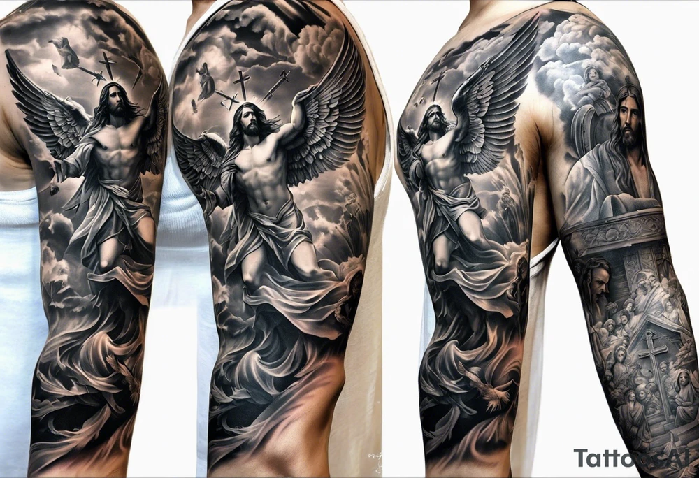 Black and white Jesus cross and angels tattoo sleeve tattoo idea