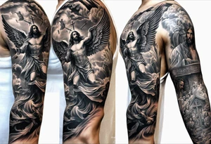 Black and white Jesus cross and angels tattoo sleeve tattoo idea